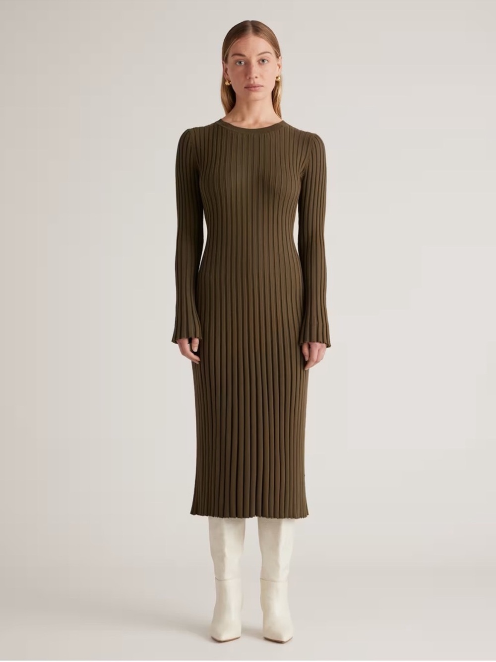 Quince Cotton Cashmere Ribbed Long Sleeve Crew Midi Dress in Olive Size Small - Picture 1 of 9